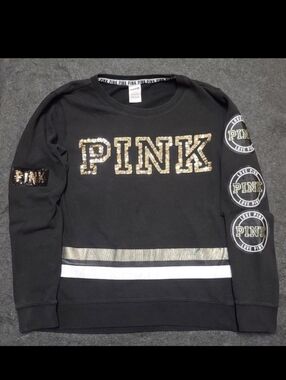 Victoria Secret VS Pink Gold Sequin Bling Black Varsity Crew Pullover